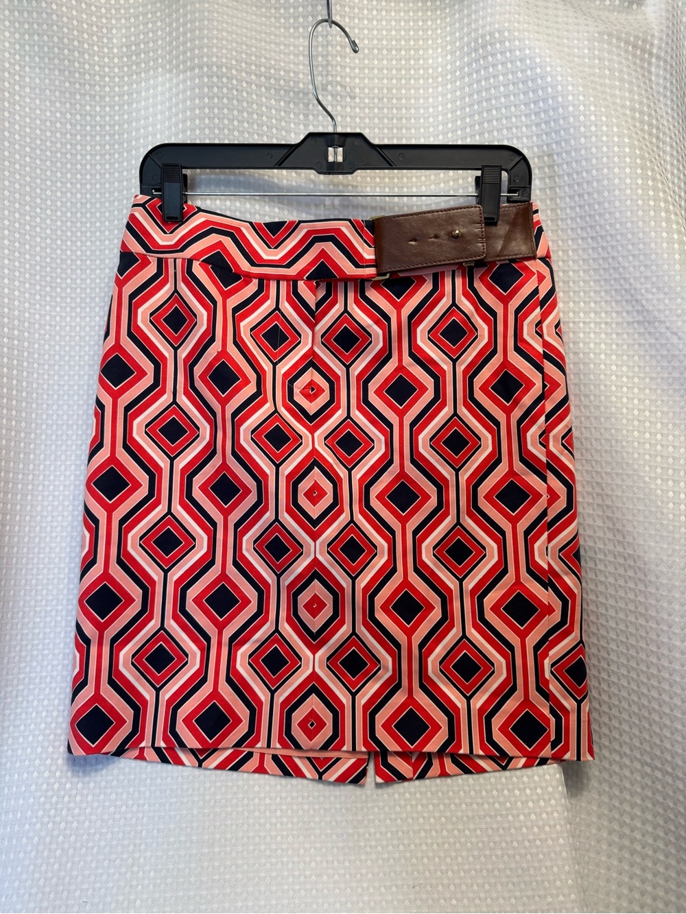 MICHAEL Michael Kors Red and Navy Geometric Mini Skirt with Brown Belt Accent